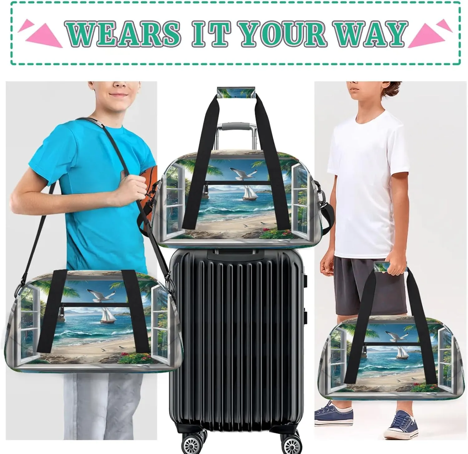 Ocean Beach Sports Duffle Gym Bags for Men or Women, Summer Theme Lightweight Carry On Overnight Weekender Bag for Travel Workout