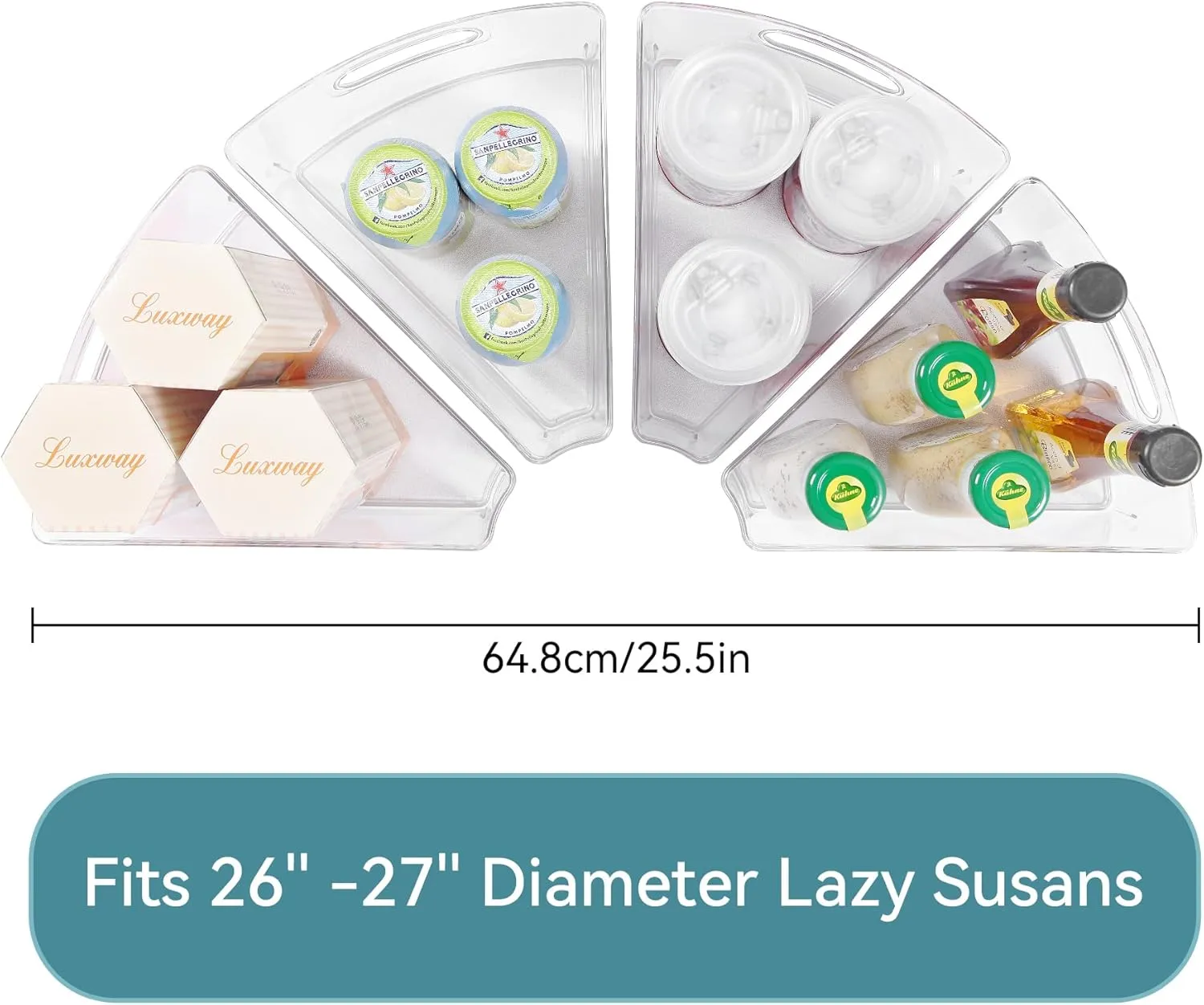 Oubonun Lazy Susan Organizers Set of 4, 10.2”x 9.4”x 4” Plastic Transparent Kitchen Cabinet Storage Bins with Handle, 4" Deep Container, 1/8 Wedge - Food Safe, without BPA