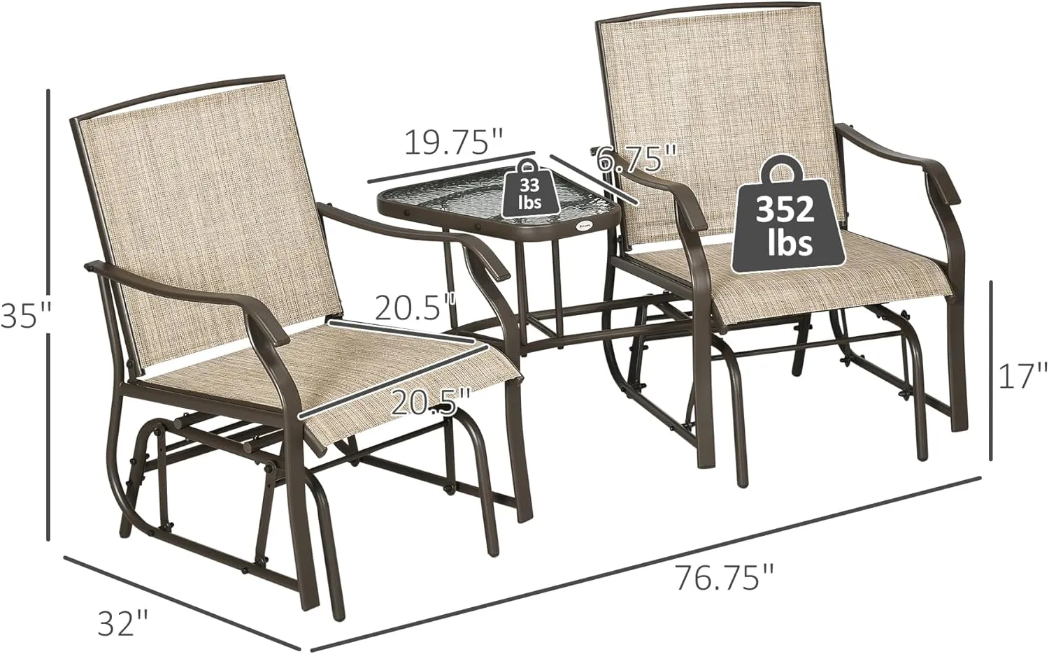 Outsunny Outdoor Glider Chairs with Coffee Table, Patio 2-Seat Rocking Chair Swing Loveseat with Breathable Sling for Backyard, Garden, and Porch, Light Brown