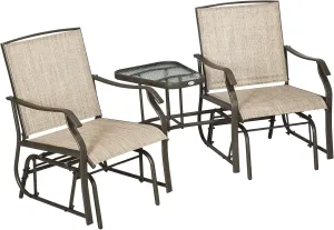 Outsunny Outdoor Glider Chairs with Coffee Table, Patio 2-Seat Rocking Chair Swing Loveseat with Breathable Sling for Backyard, Garden, and Porch, Light Brown