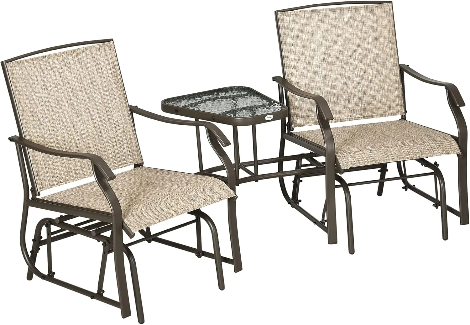 Outsunny Outdoor Glider Chairs with Coffee Table, Patio 2-Seat Rocking Chair Swing Loveseat with Breathable Sling for Backyard, Garden, and Porch, Light Brown