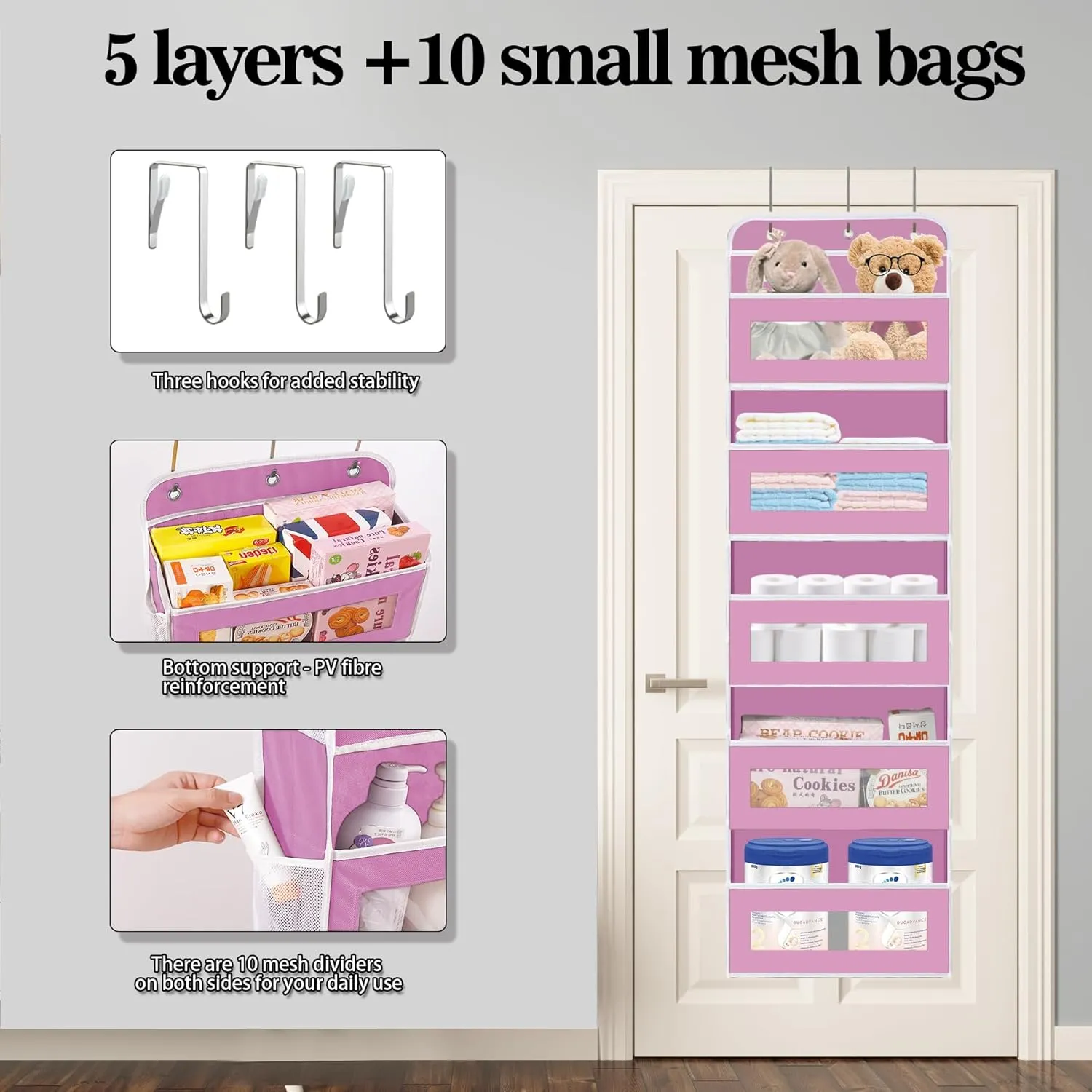 Over The Door Organizer, 5 Shelves Closet Door Hanging Organizer with 10 Mesh Pockets, Stuffed Animal Storage for Nursery, Baby Essentials, Dorm Room Essentials for Girls