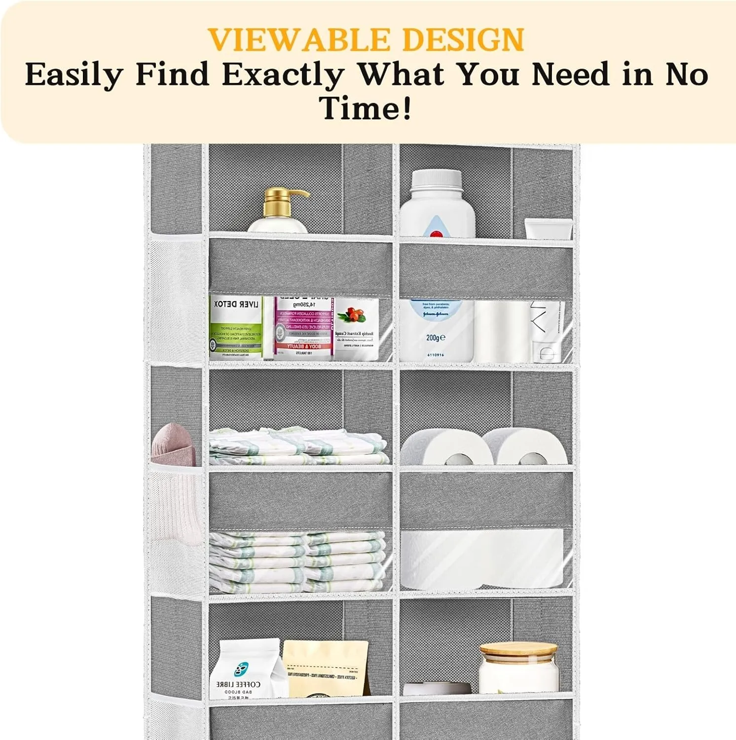 Over The Door Organizer, 5-Tier Extra Large Behind Door Storage with 10 Big Front & 10 Mesh Pockets, 80lb Capacity, Hanging Storage Organizer with Clear Window Kids Toys, Shoes, Diapers, Light Grey