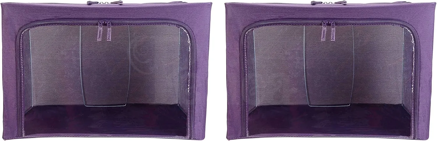 Oxford Cloth Steel Frame Storage Boxes - Under-Bed or in Closet - Pack of 2 Small Organizers (Eggplant/Merlot)