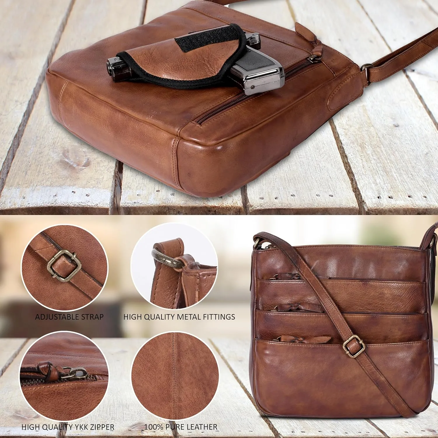 Ozora Multi Pockets Handmade Leather Crossbody Handbags & Sling Bag for Men & Women with Detachable Holster
