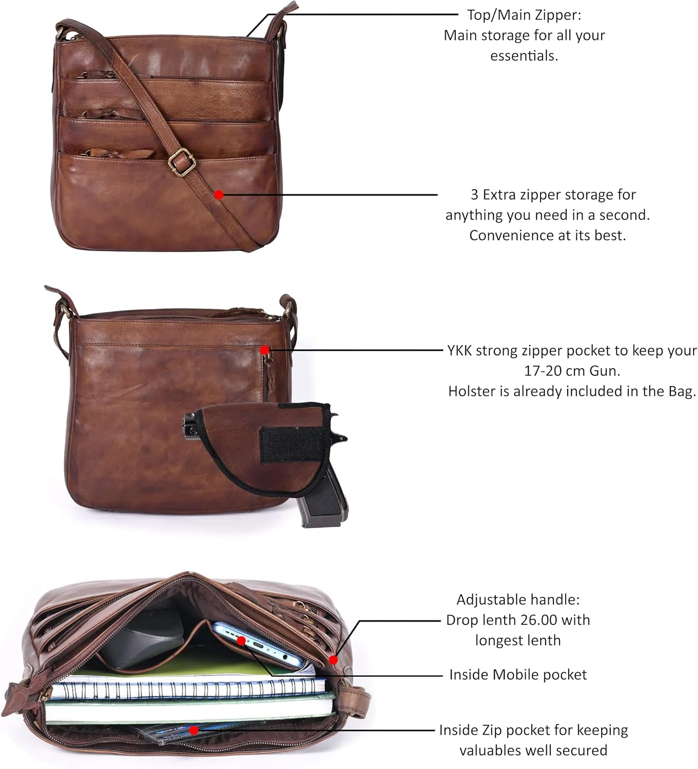 Ozora Multi Pockets Handmade Leather Crossbody Handbags & Sling Bag for Men & Women with Detachable Holster