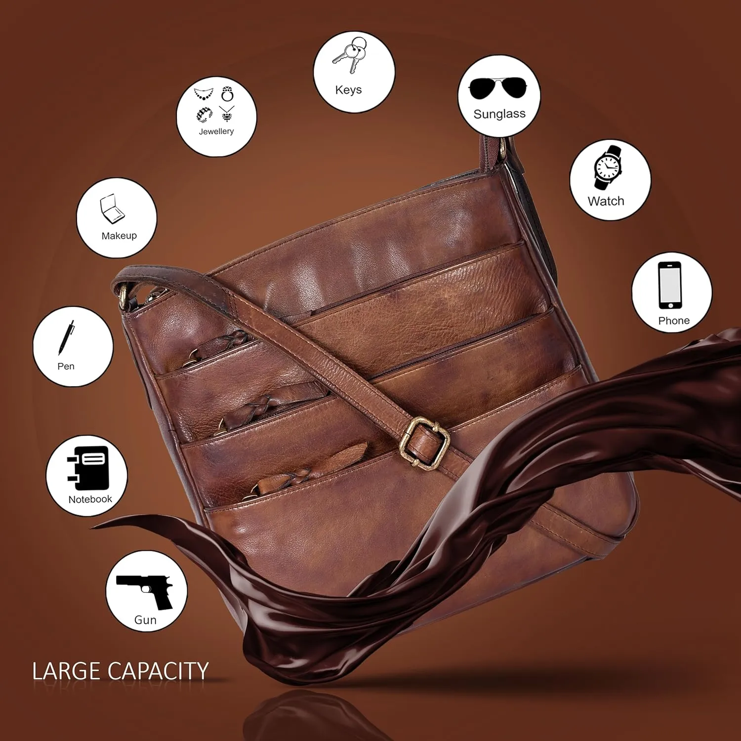 Ozora Multi Pockets Handmade Leather Crossbody Handbags & Sling Bag for Men & Women with Detachable Holster