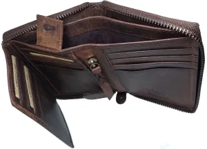 #P51323 Mens RFID Protected Zipper Close Genuine Leather Microsuede BiFold Wallet 1 ID 13 Credit Card Slots 4 Pockets 1 Inside Zipper Compartment Divided Currency Compartment Key Holder