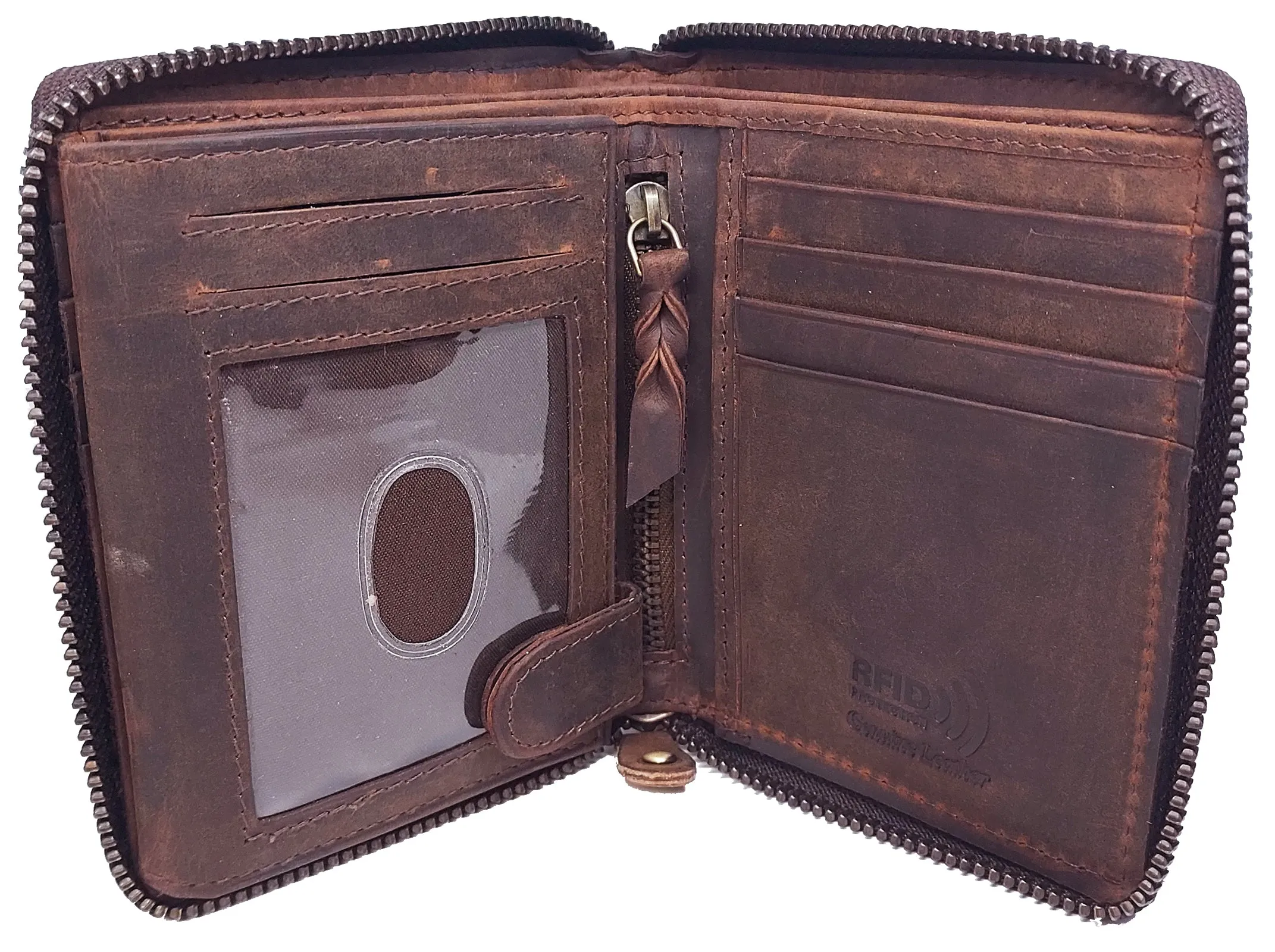 #P51323 Mens RFID Protected Zipper Close Genuine Leather Microsuede BiFold Wallet 1 ID 13 Credit Card Slots 4 Pockets 1 Inside Zipper Compartment Divided Currency Compartment Key Holder