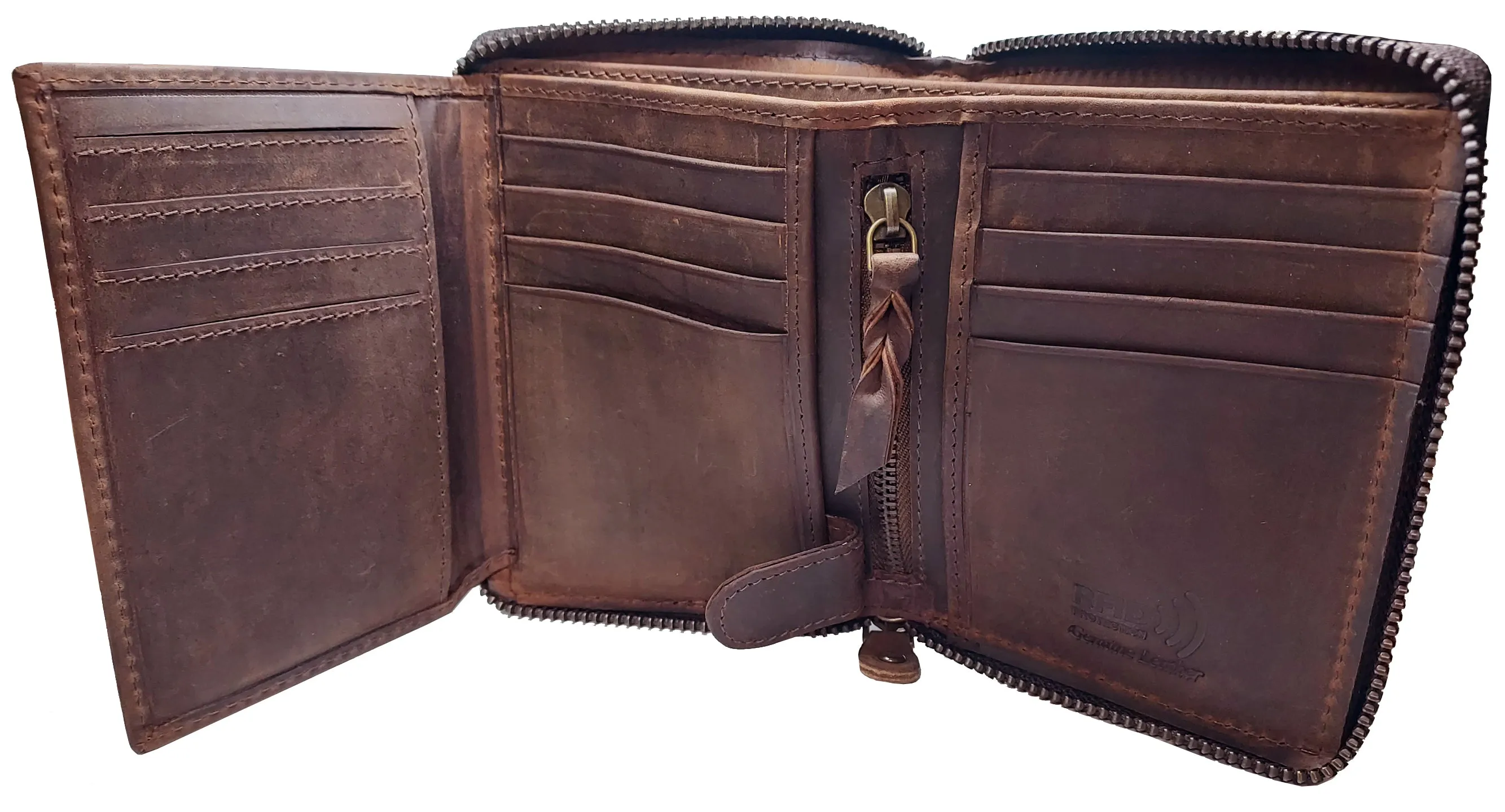 #P51323 Mens RFID Protected Zipper Close Genuine Leather Microsuede BiFold Wallet 1 ID 13 Credit Card Slots 4 Pockets 1 Inside Zipper Compartment Divided Currency Compartment Key Holder