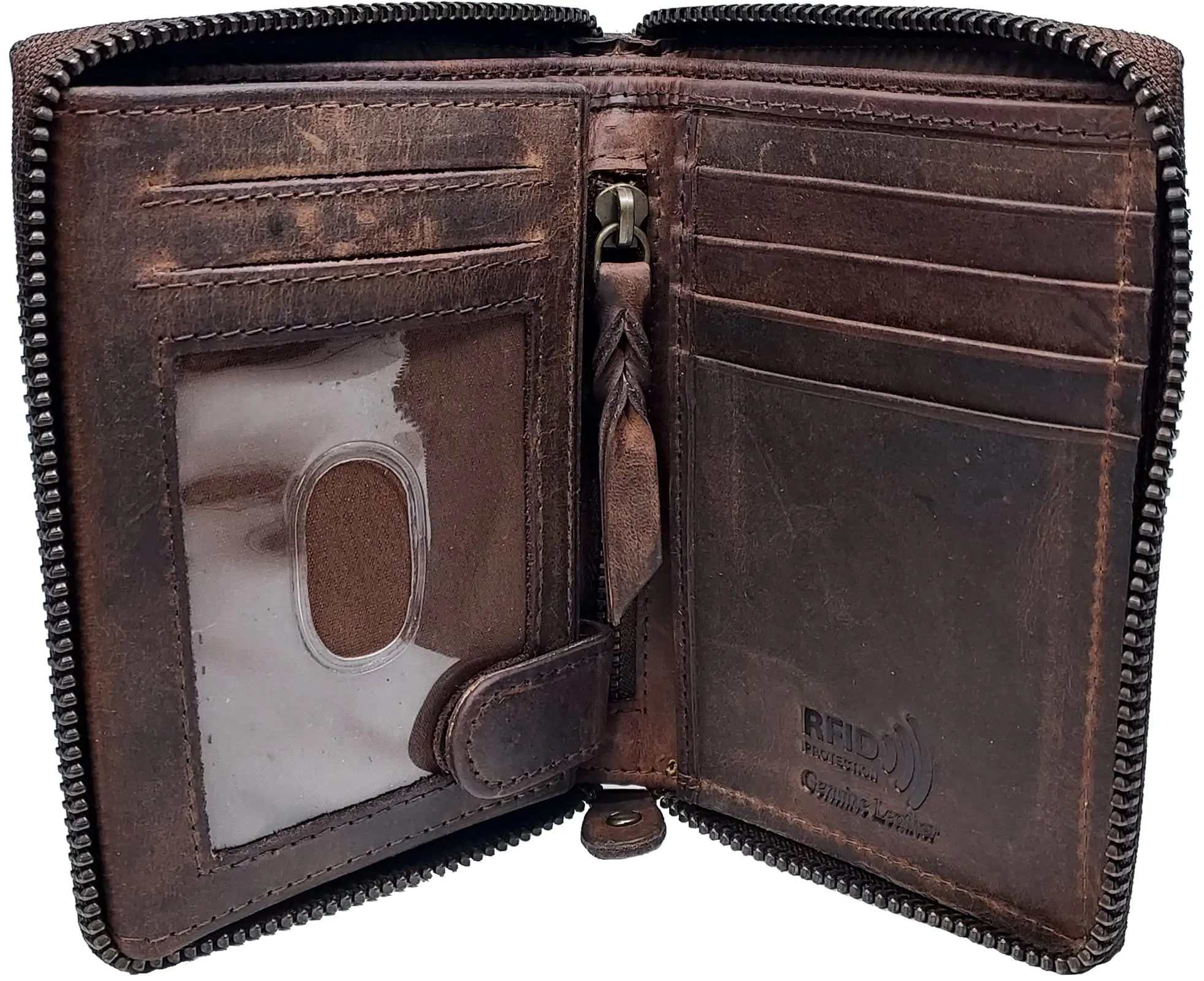 #P51323 Mens RFID Protected Zipper Close Genuine Leather Microsuede BiFold Wallet 1 ID 13 Credit Card Slots 4 Pockets 1 Inside Zipper Compartment Divided Currency Compartment Key Holder
