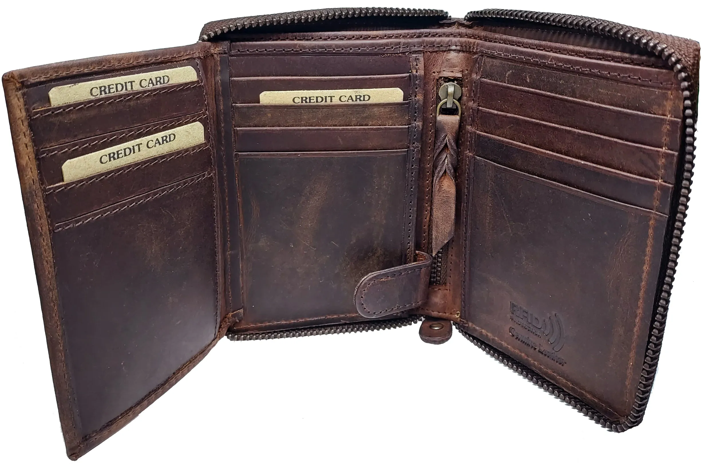 #P51323 Mens RFID Protected Zipper Close Genuine Leather Microsuede BiFold Wallet 1 ID 13 Credit Card Slots 4 Pockets 1 Inside Zipper Compartment Divided Currency Compartment Key Holder