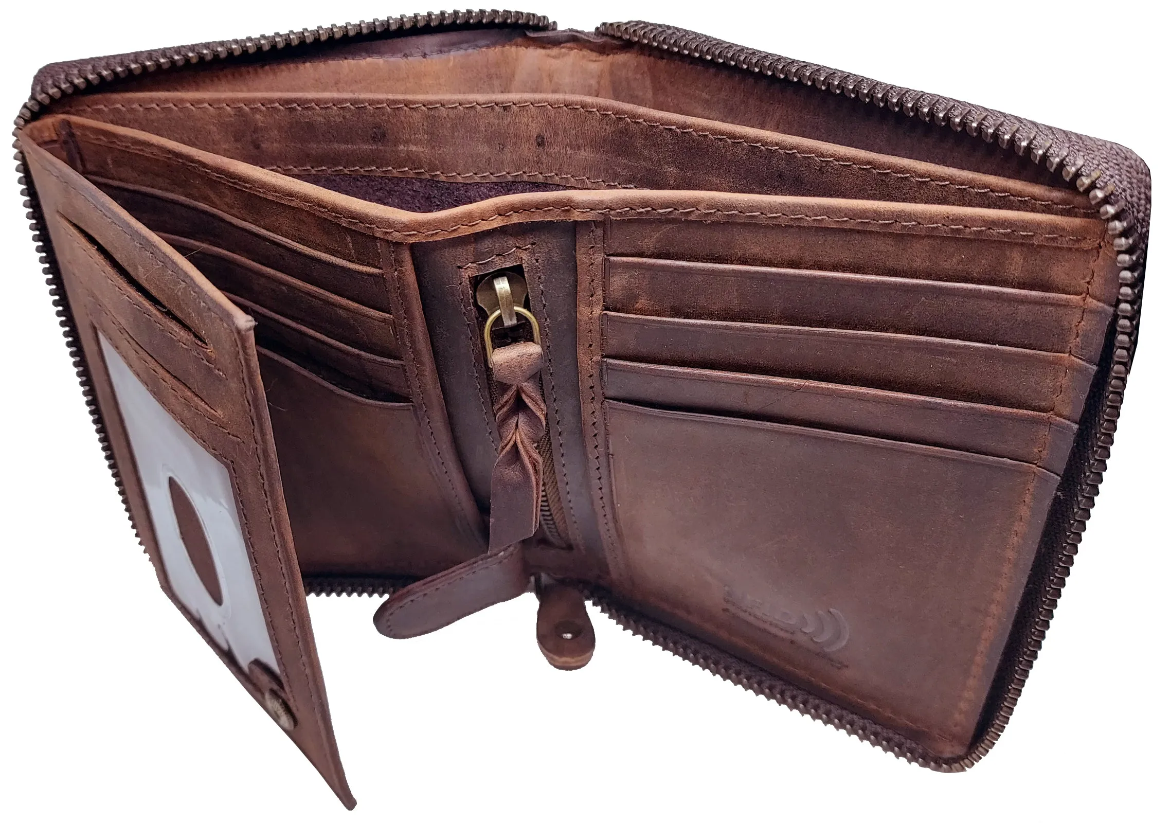 #P51323 Mens RFID Protected Zipper Close Genuine Leather Microsuede BiFold Wallet 1 ID 13 Credit Card Slots 4 Pockets 1 Inside Zipper Compartment Divided Currency Compartment Key Holder