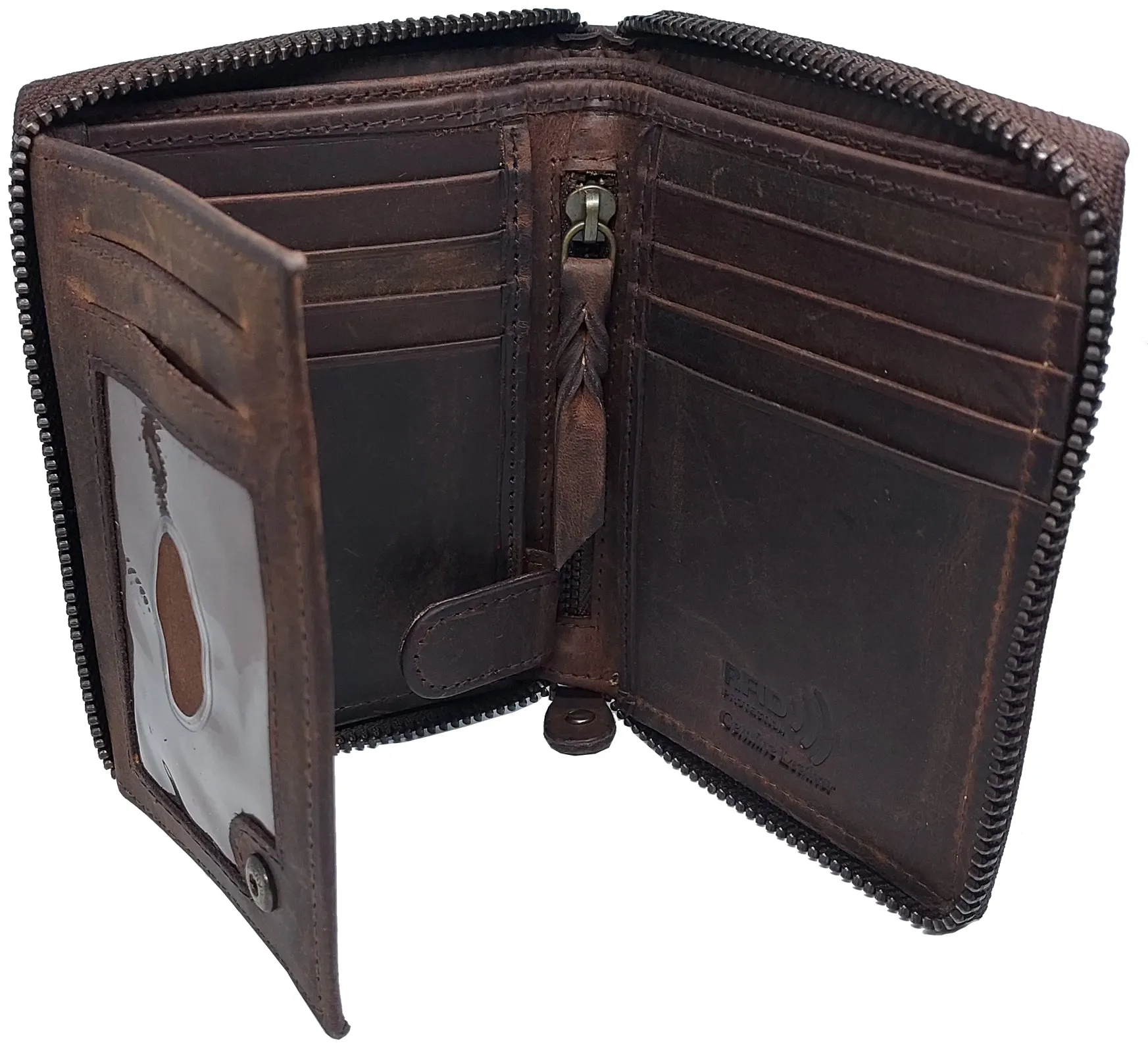 #P51323 Mens RFID Protected Zipper Close Genuine Leather Microsuede BiFold Wallet 1 ID 13 Credit Card Slots 4 Pockets 1 Inside Zipper Compartment Divided Currency Compartment Key Holder