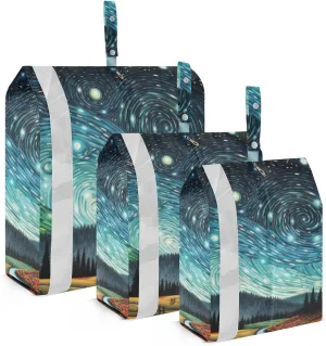 Packing Travel Organizer Starry Night River Houses Full Moon Fluidity Stars Painting 3 Piece Zipper Bag Set