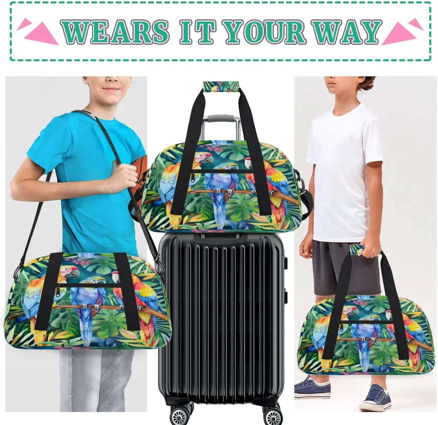 Parrot Tropical Palm Leaves Gym Bag for Women Men, Sports Travel Duffel Bag Lightweight Workout Bag Carry On Overnight Weekender Bag