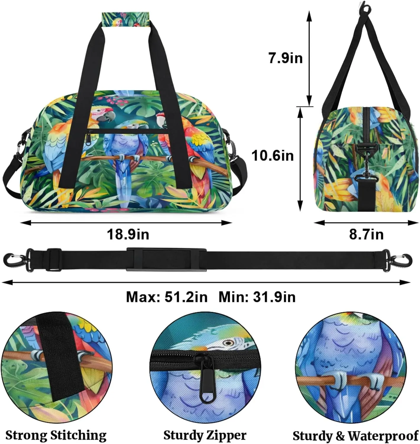 Parrot Tropical Palm Leaves Gym Bag for Women Men, Sports Travel Duffel Bag Lightweight Workout Bag Carry On Overnight Weekender Bag