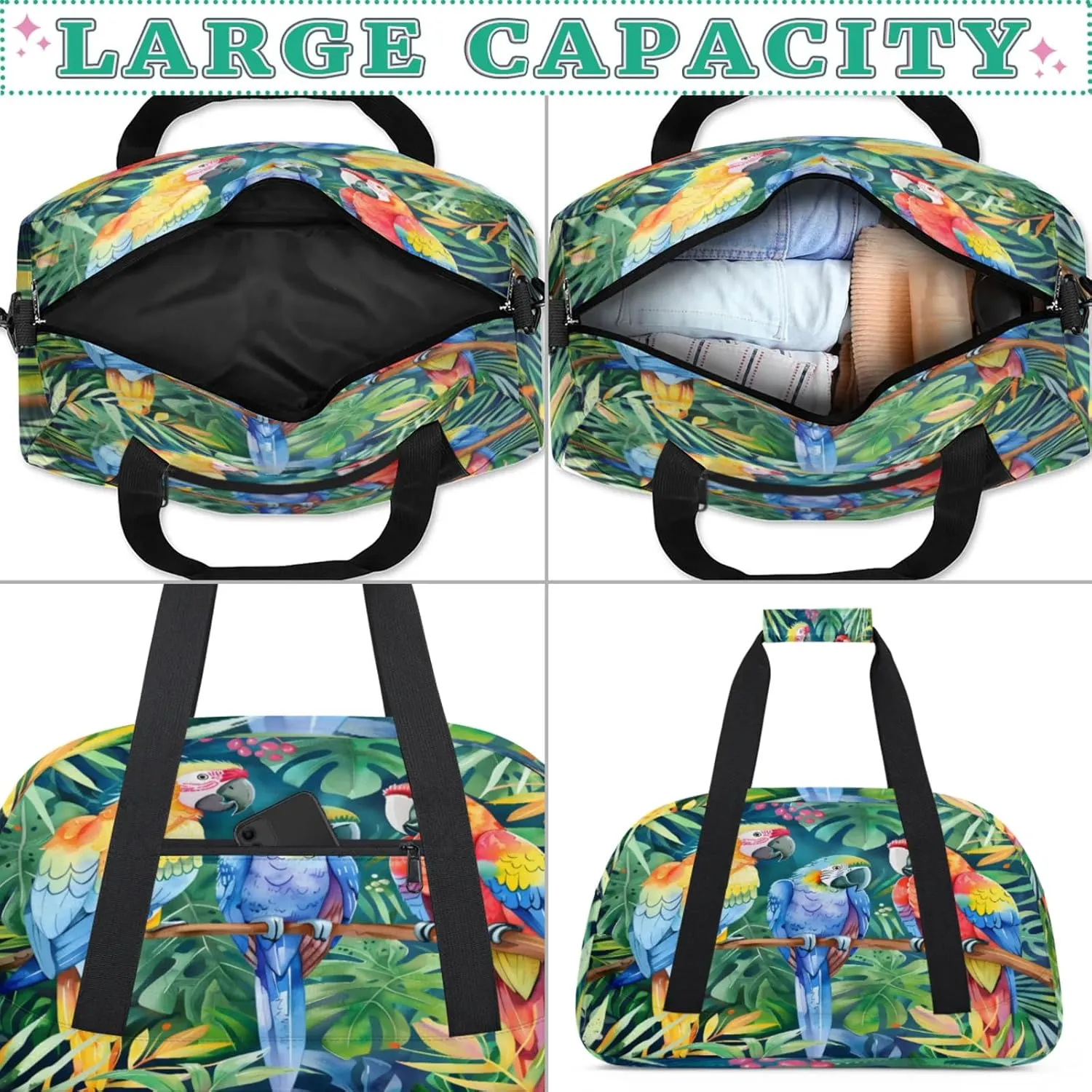 Parrot Tropical Palm Leaves Gym Bag for Women Men, Sports Travel Duffel Bag Lightweight Workout Bag Carry On Overnight Weekender Bag