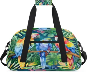 Parrot Tropical Palm Leaves Gym Bag for Women Men, Sports Travel Duffel Bag Lightweight Workout Bag Carry On Overnight Weekender Bag