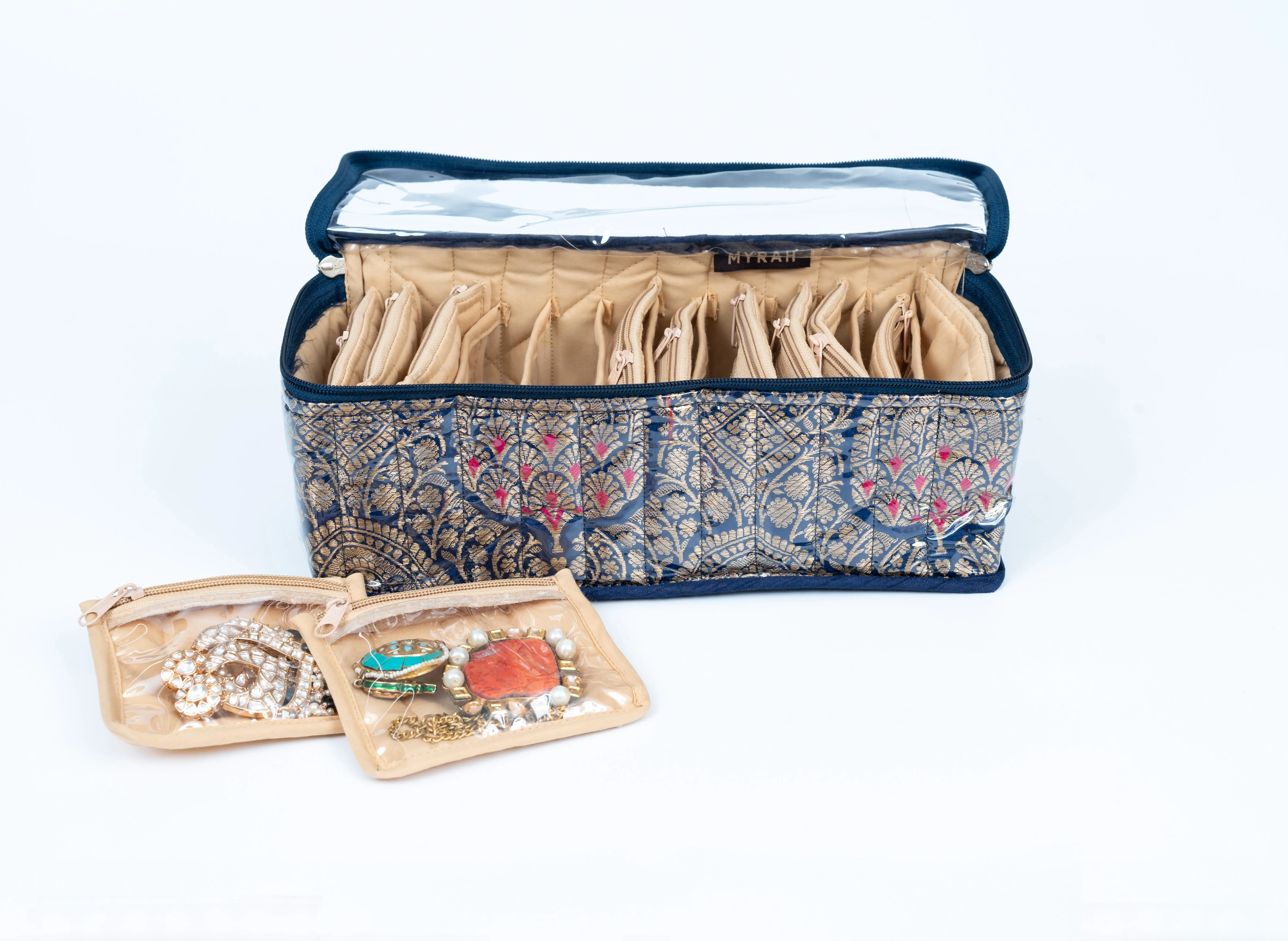 Partitioned jewellery organiser with pouches (Purple)