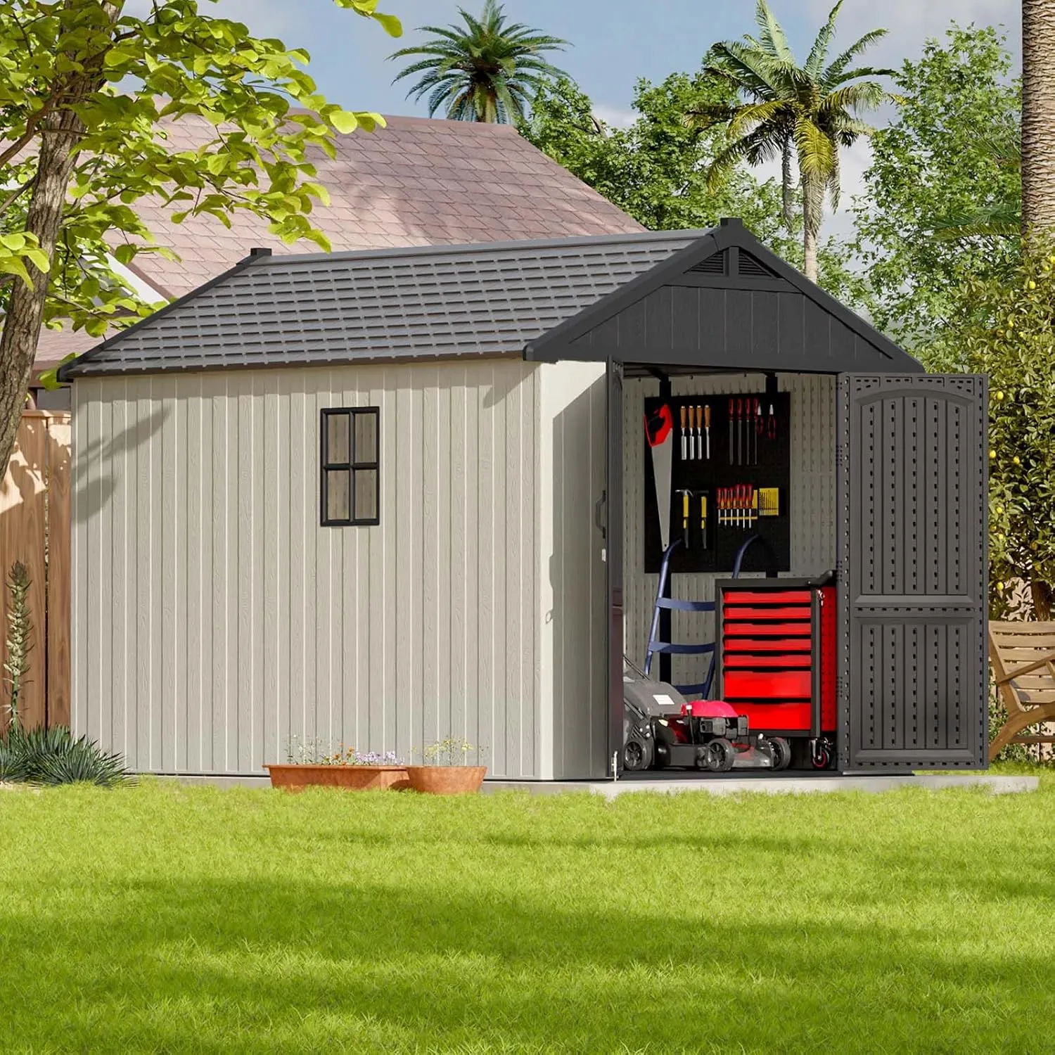 Patiowell 8x10 FT Outdoor Storage Shed, Plastic Shed Resin Garden Tool Shed with Floor & Two Window & Lockable Door for Patio Furniture, Backyard Tools, Bicycles & Lawnmower, Beige