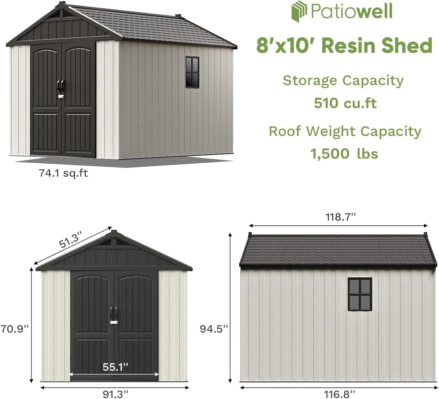 Patiowell 8x10 FT Outdoor Storage Shed, Plastic Shed Resin Garden Tool Shed with Floor & Two Window & Lockable Door for Patio Furniture, Backyard Tools, Bicycles & Lawnmower, Beige