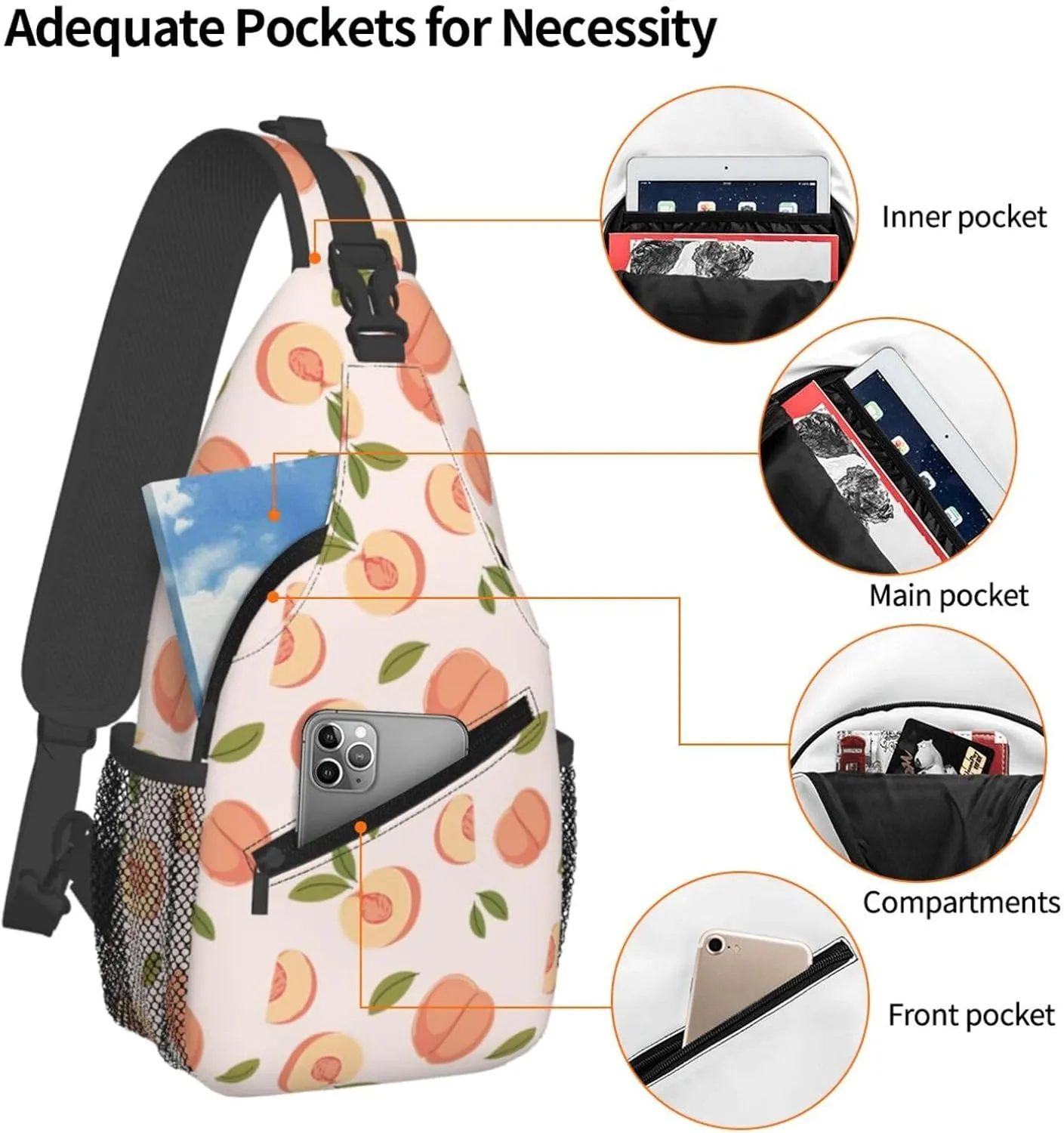 Peach Crossbody Sling Backpack Sling Bag Adjustable Chest Shoulder Daypack For Women Men