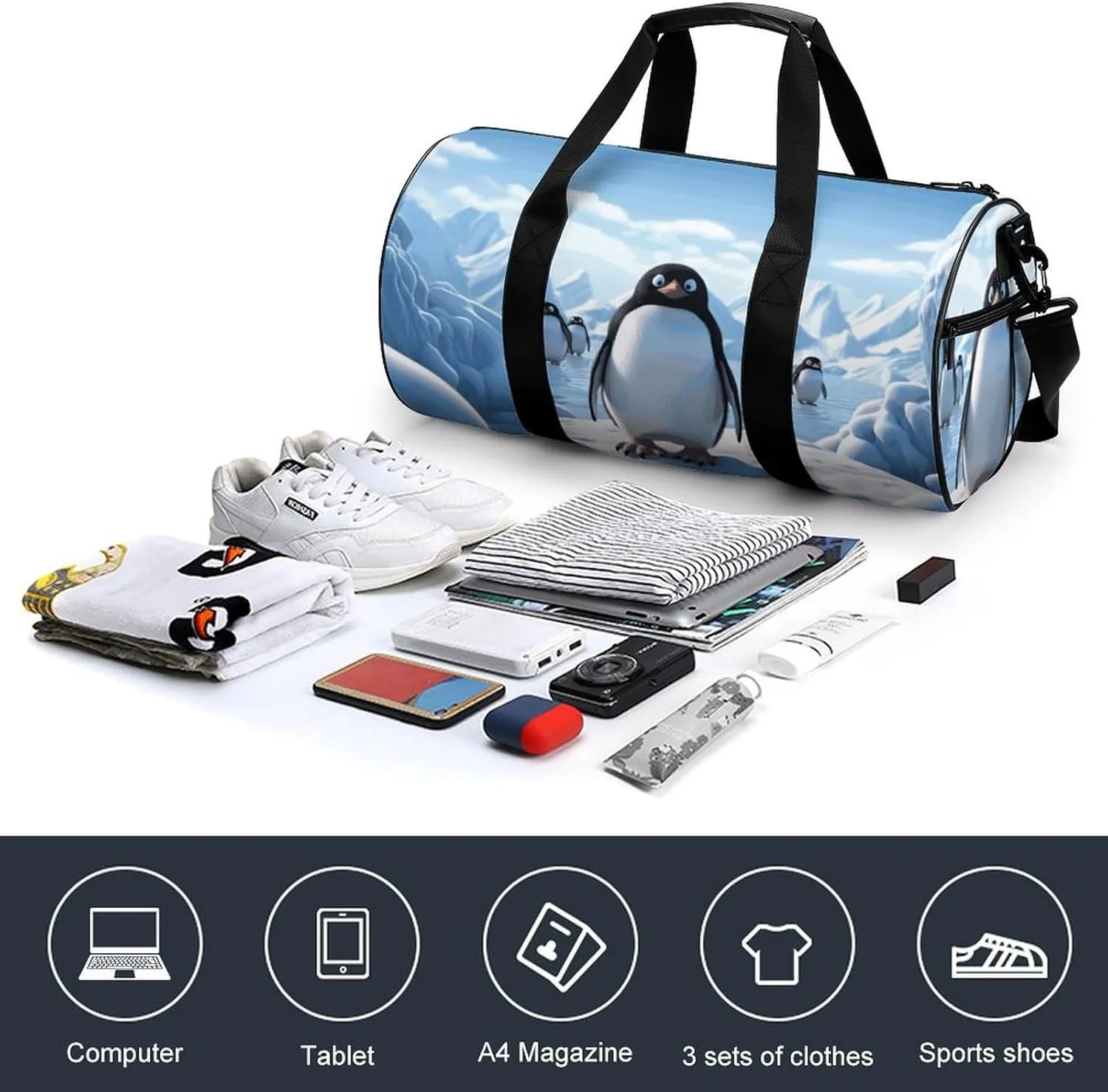 Penguin Antarctica Ice Gym Bag Small Travel Duffle Bag with Compartment Carry On Weekender Bag for Women Men