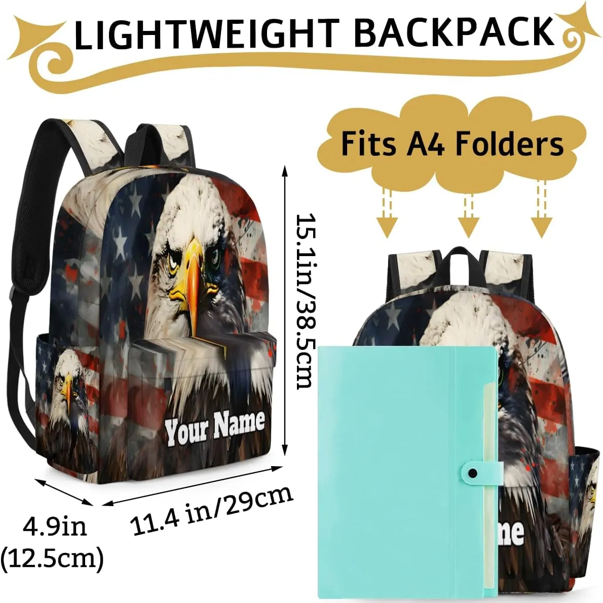 Personalized 4th of July Preschool Toddler Backpack for Boys Girls Custom Kids Name Small Bookbags Kindergarten Elementary Backpack, Eagles American Flag