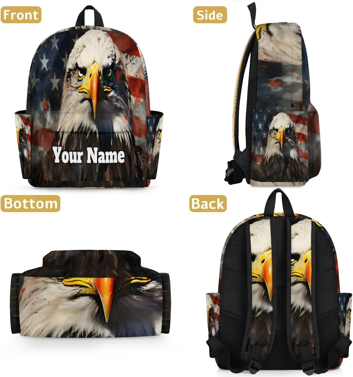 Personalized 4th of July Preschool Toddler Backpack for Boys Girls Custom Kids Name Small Bookbags Kindergarten Elementary Backpack, Eagles American Flag