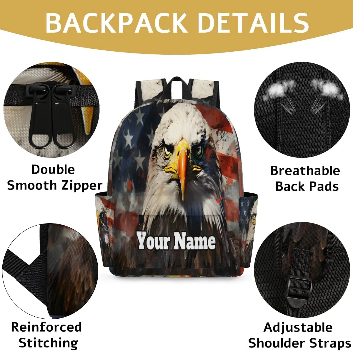Personalized 4th of July Preschool Toddler Backpack for Boys Girls Custom Kids Name Small Bookbags Kindergarten Elementary Backpack, Eagles American Flag