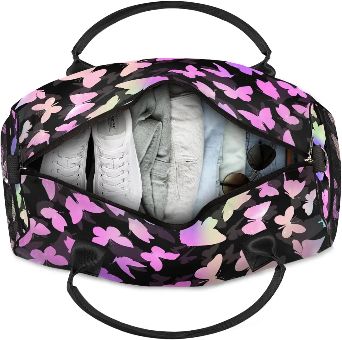 Personalized Butterfly Duffel Bag with Name Custom Travel Sports Bag for Women Men Waterproof Dance Ballet Bag Lightweight 17.4in, Rainbow Sparkly