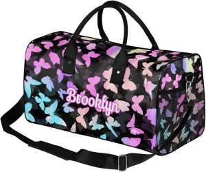 Personalized Butterfly Duffel Bag with Name Custom Travel Sports Bag for Women Men Waterproof Dance Ballet Bag Lightweight 17.4in, Rainbow Sparkly