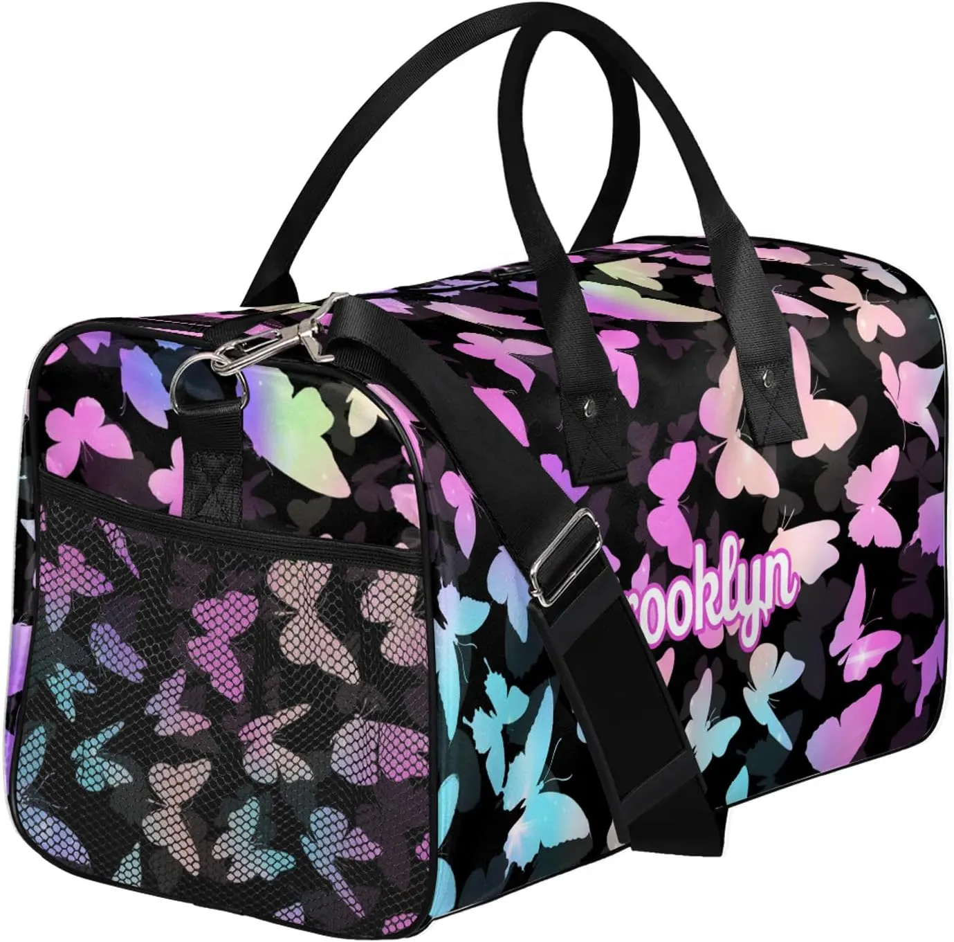 Personalized Butterfly Duffel Bag with Name Custom Travel Sports Bag for Women Men Waterproof Dance Ballet Bag Lightweight 17.4in, Rainbow Sparkly