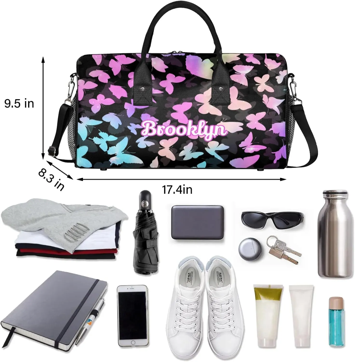 Personalized Butterfly Duffel Bag with Name Custom Travel Sports Bag for Women Men Waterproof Dance Ballet Bag Lightweight 17.4in, Rainbow Sparkly