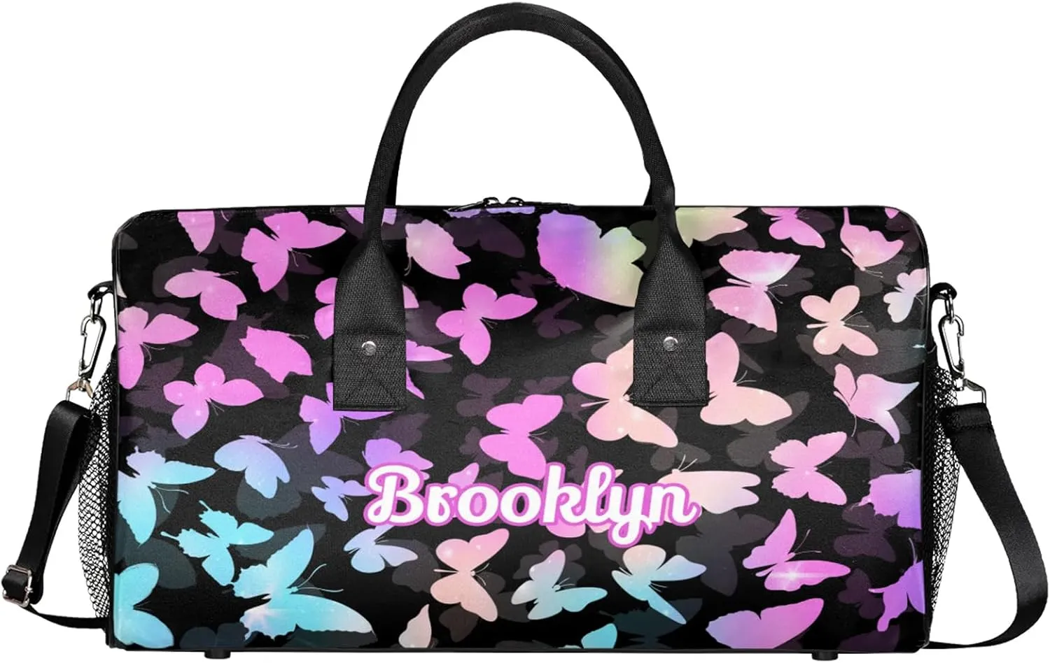 Personalized Butterfly Duffel Bag with Name Custom Travel Sports Bag for Women Men Waterproof Dance Ballet Bag Lightweight 17.4in, Rainbow Sparkly