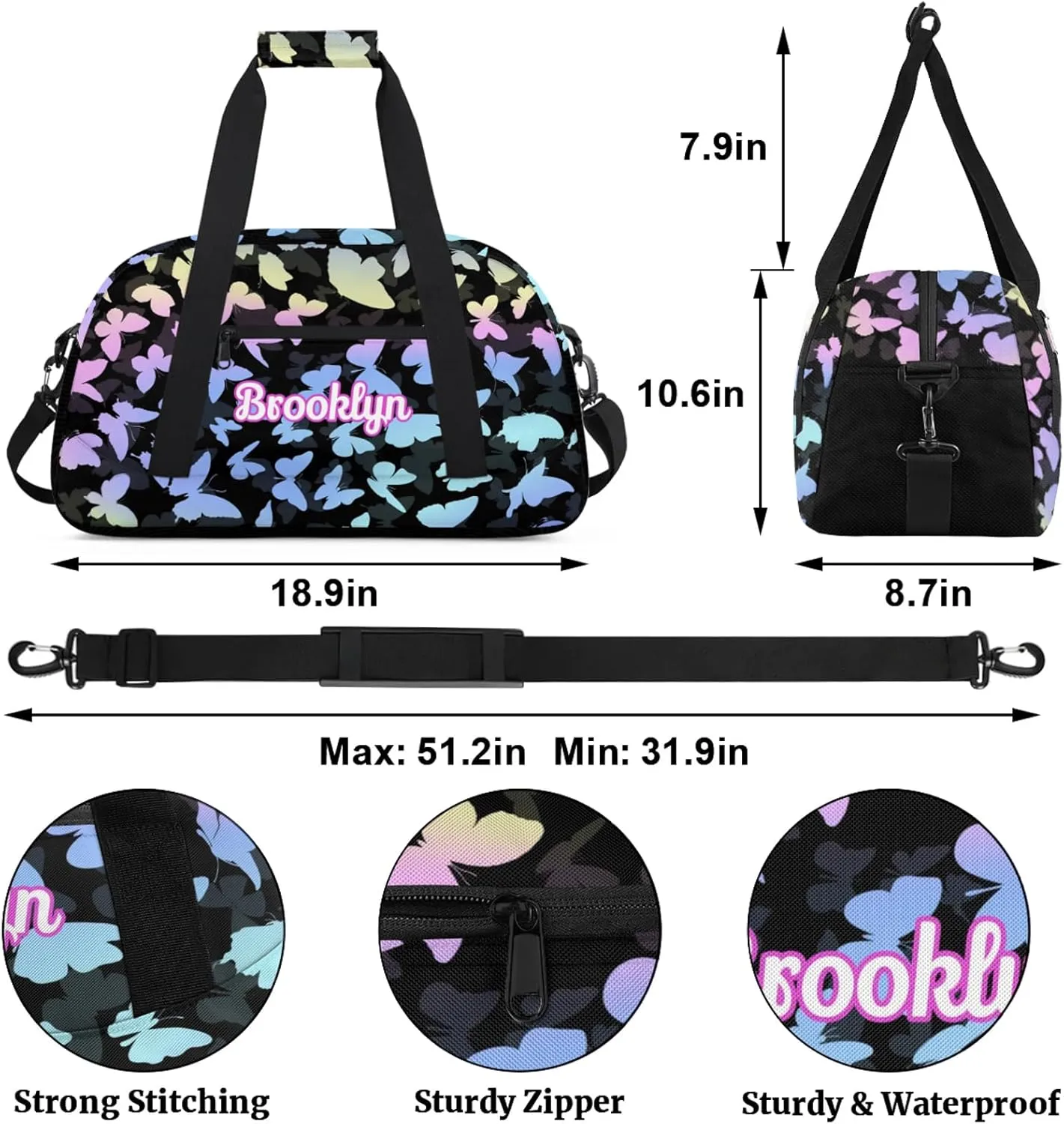 Personalized Butterfly Duffel Bag with Name Custom Travel Sports Bag for Women Men Waterproof Dance Ballet Bag Lightweight 18.9in, Colorful Blue