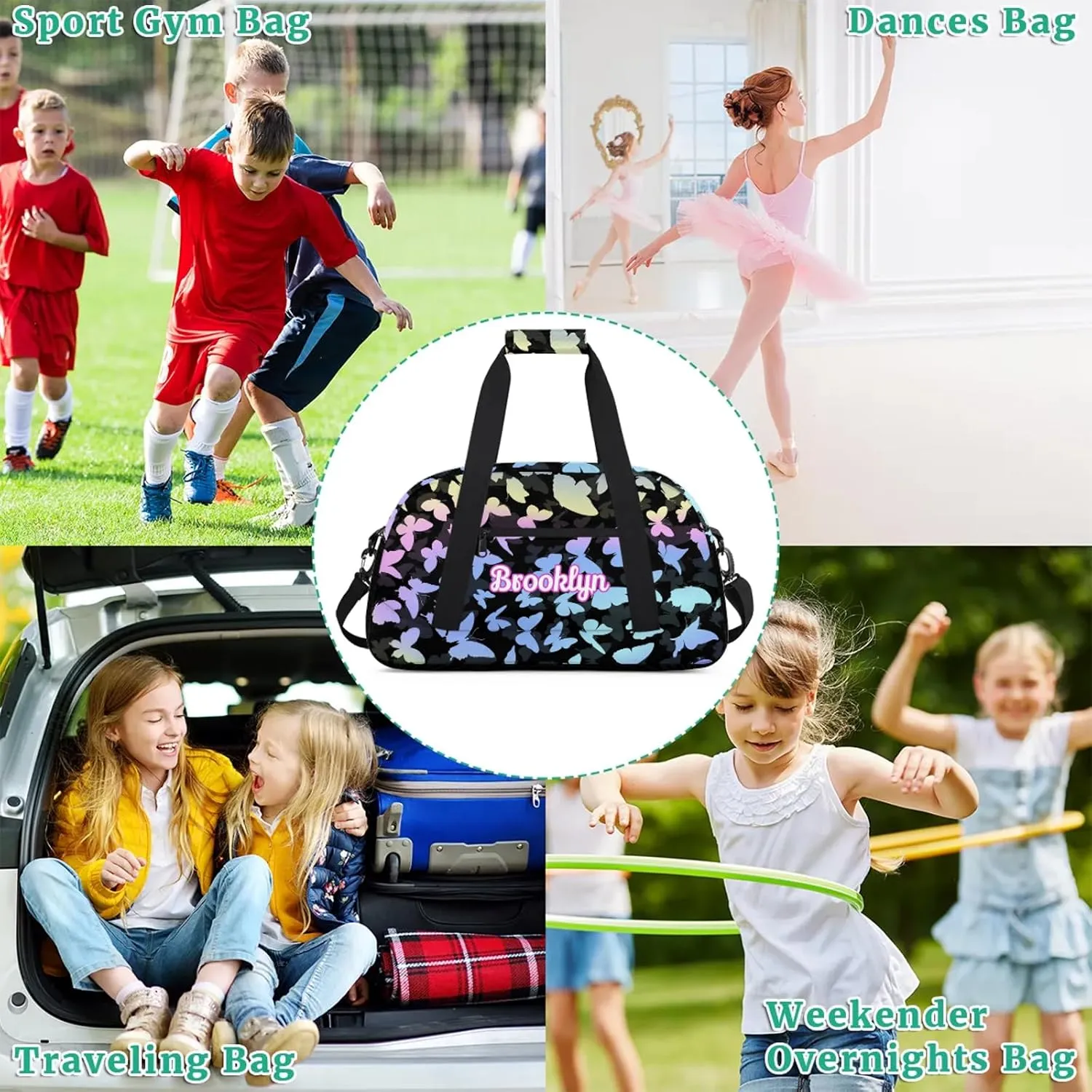 Personalized Butterfly Duffel Bag with Name Custom Travel Sports Bag for Women Men Waterproof Dance Ballet Bag Lightweight 18.9in, Colorful Blue