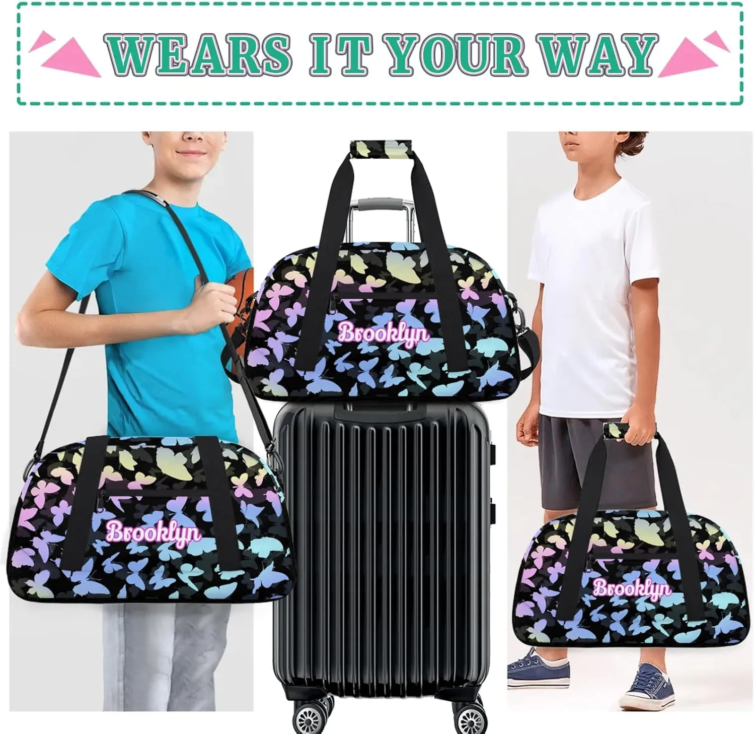 Personalized Butterfly Duffel Bag with Name Custom Travel Sports Bag for Women Men Waterproof Dance Ballet Bag Lightweight 18.9in, Colorful Blue