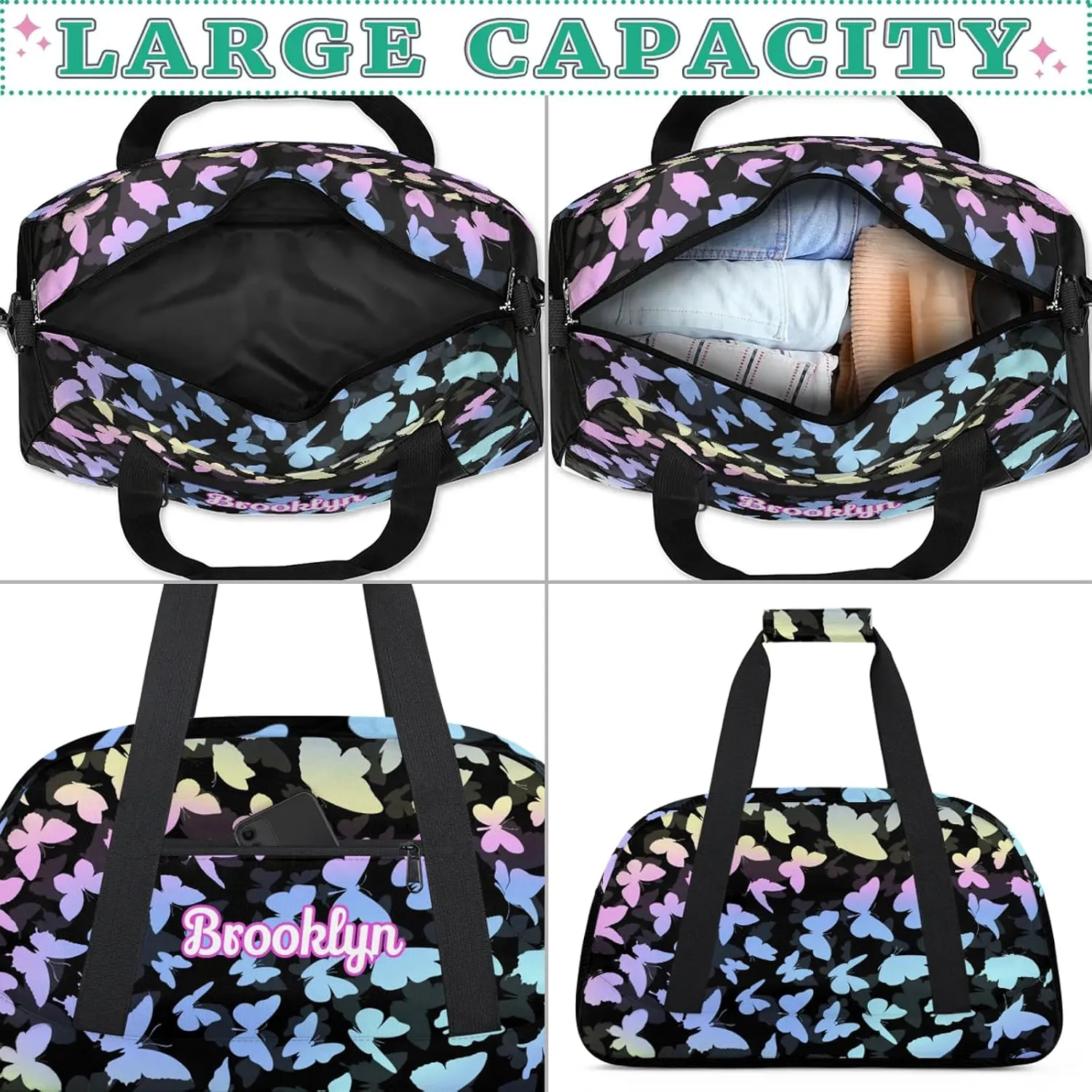 Personalized Butterfly Duffel Bag with Name Custom Travel Sports Bag for Women Men Waterproof Dance Ballet Bag Lightweight 18.9in, Colorful Blue