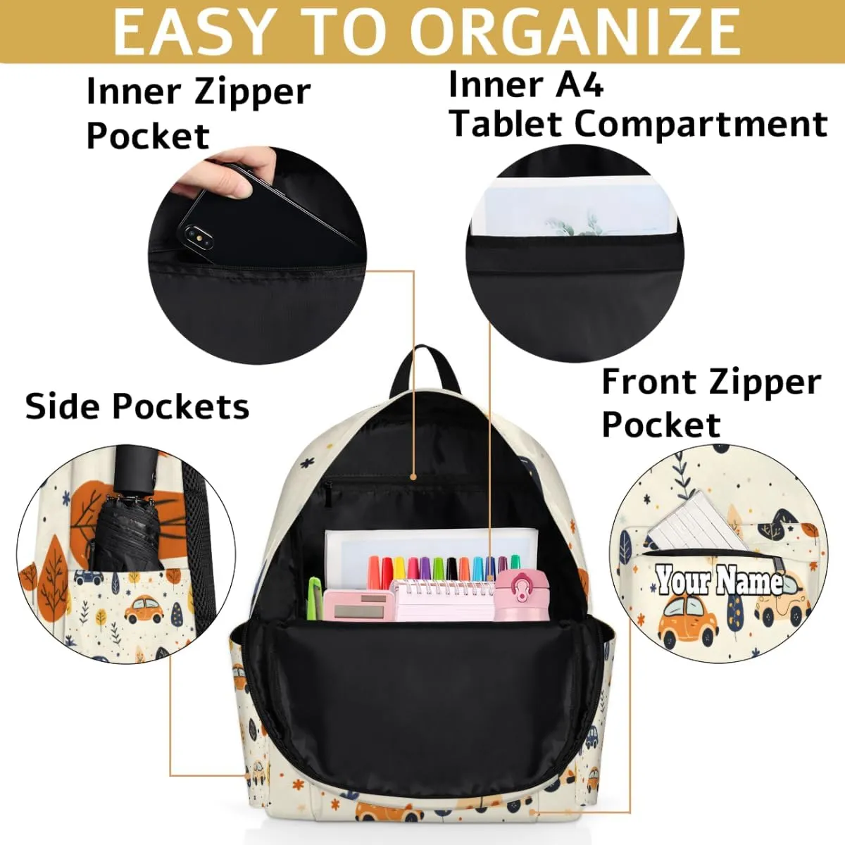 Personalized Cars Preschool Toddler Backpack for Boys Girls Custom Kids Name Small Bookbags Kindergarten Elementary Backpack, Cute Cars