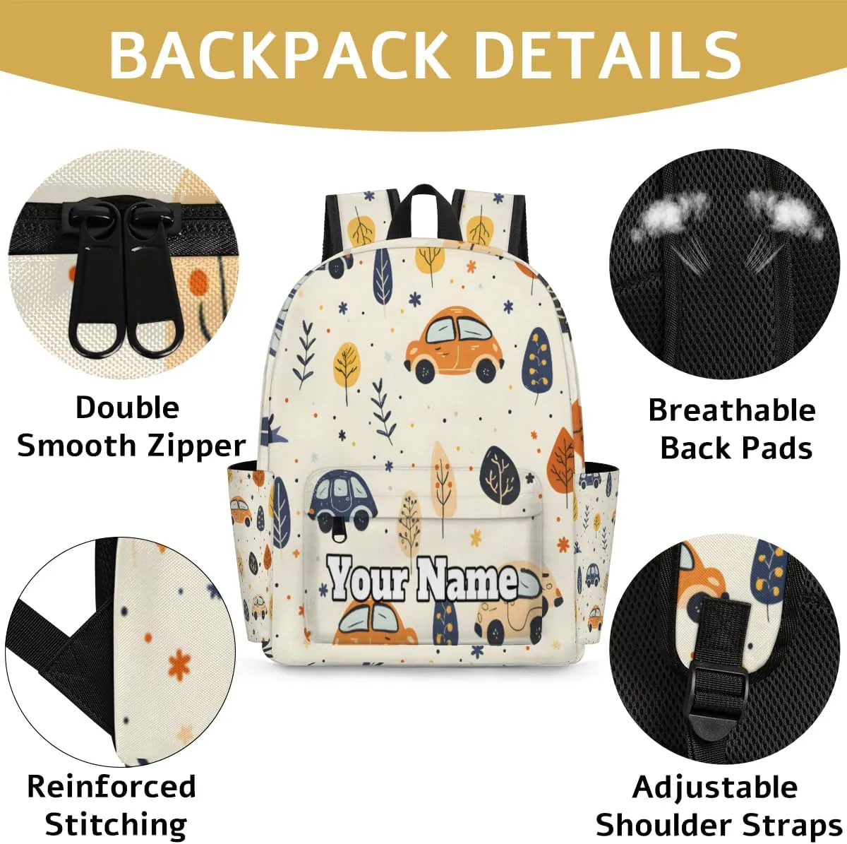 Personalized Cars Preschool Toddler Backpack for Boys Girls Custom Kids Name Small Bookbags Kindergarten Elementary Backpack, Cute Cars