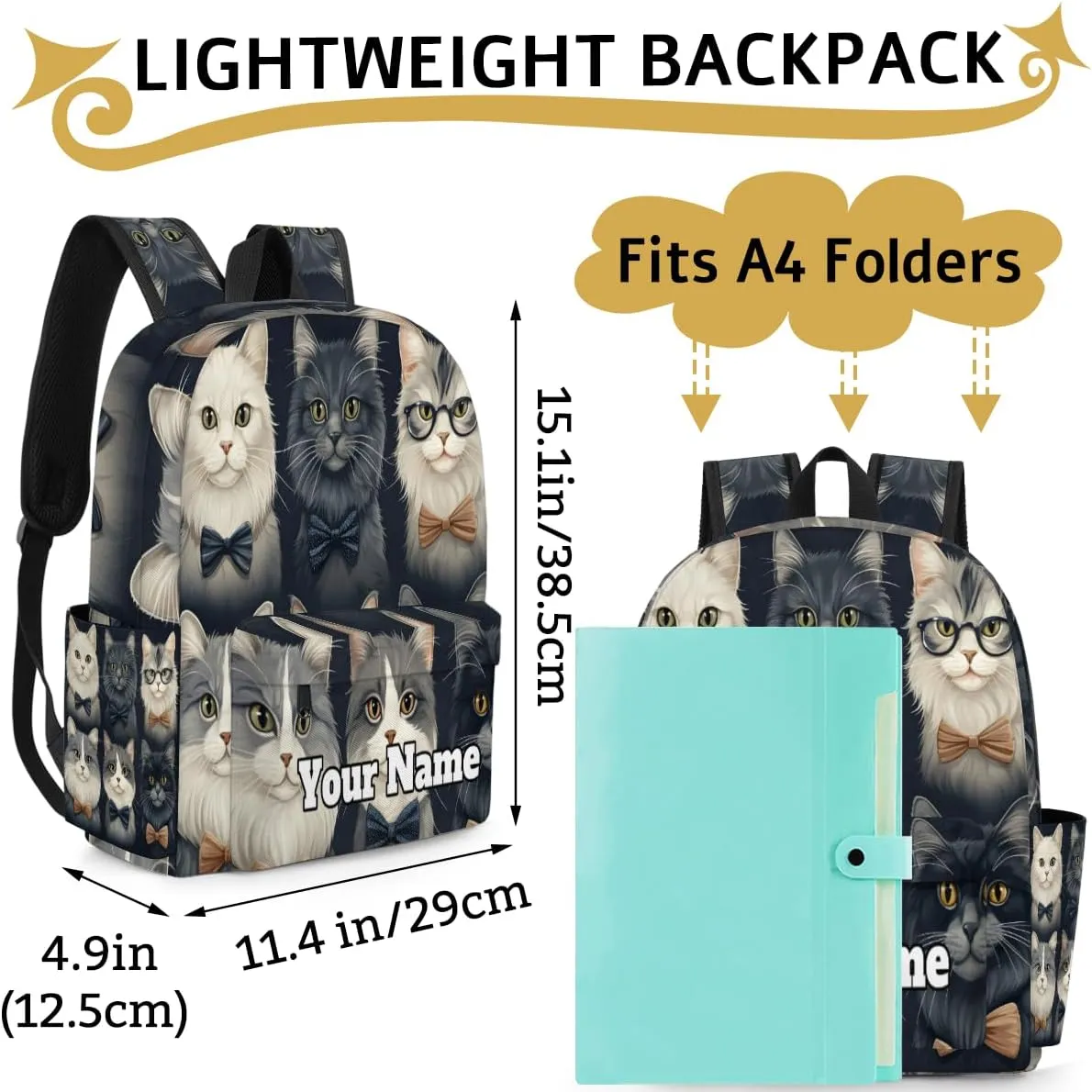 Personalized Cat Preschool Toddler Backpack for Boys Girls Custom Kids Name Small Bookbags Kindergarten Elementary Backpack, Funny Cat