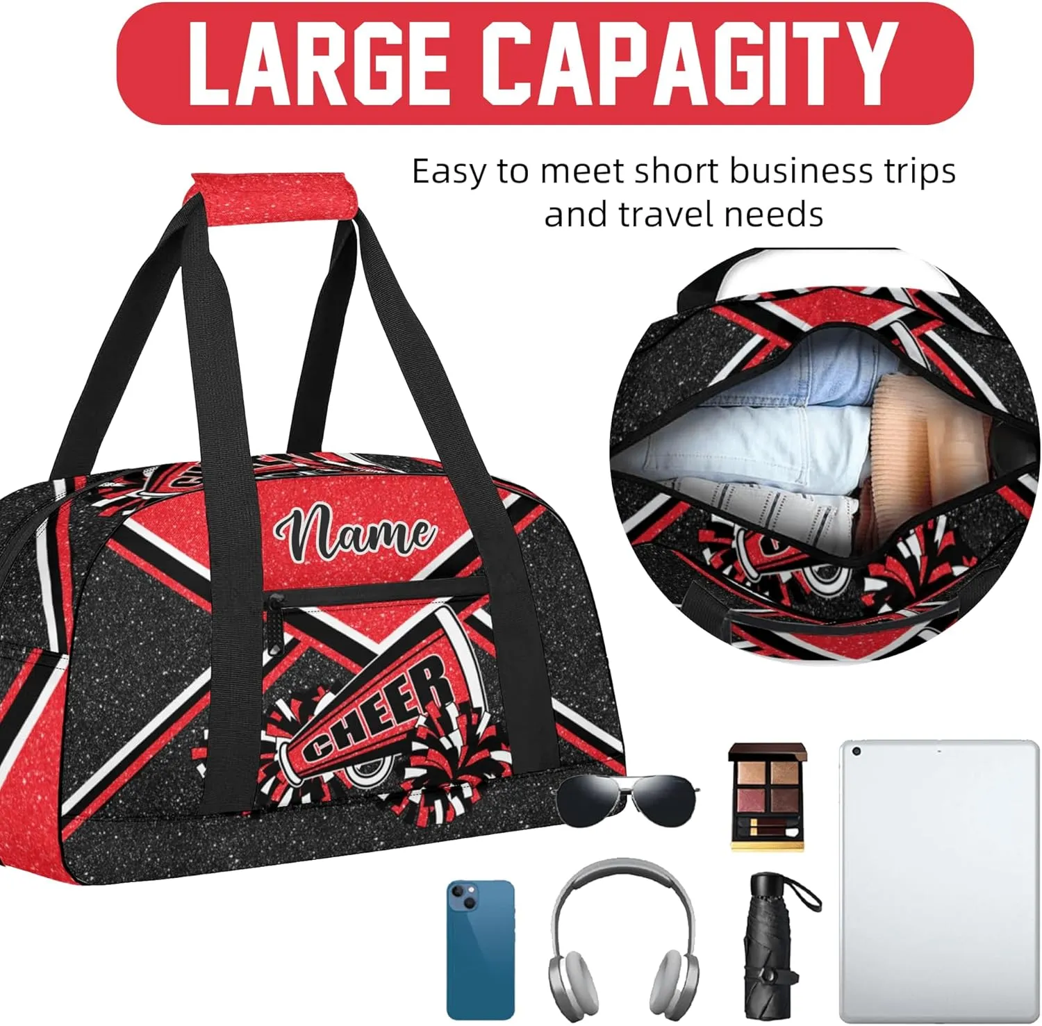 Personalized Cheer Bag with Name, Custom Cheerleader Duffle Bag for Women, Gym Travel Bag for Cheerleaders (Red)