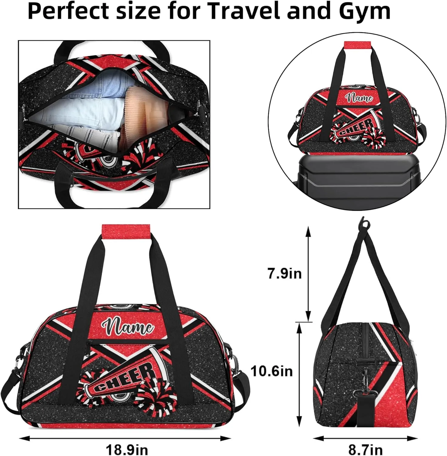 Personalized Cheer Bag with Name, Custom Cheerleader Duffle Bag for Women, Gym Travel Bag for Cheerleaders (Red)