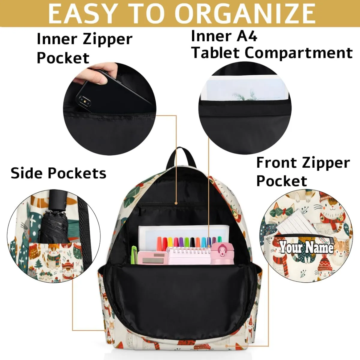Personalized Christmas Preschool Toddler Backpack for Boys Girls Custom Kids Name Small Bookbags Kindergarten Elementary Backpack, Cute Cat