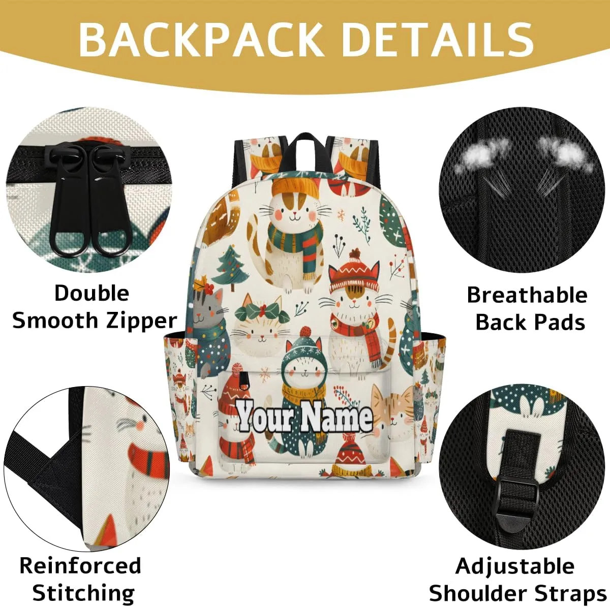 Personalized Christmas Preschool Toddler Backpack for Boys Girls Custom Kids Name Small Bookbags Kindergarten Elementary Backpack, Cute Cat