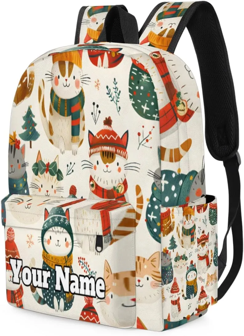 Personalized Christmas Preschool Toddler Backpack for Boys Girls Custom Kids Name Small Bookbags Kindergarten Elementary Backpack, Cute Cat