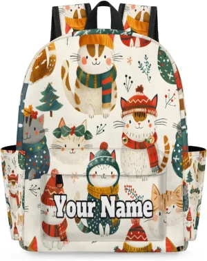 Personalized Christmas Preschool Toddler Backpack for Boys Girls Custom Kids Name Small Bookbags Kindergarten Elementary Backpack, Cute Cat