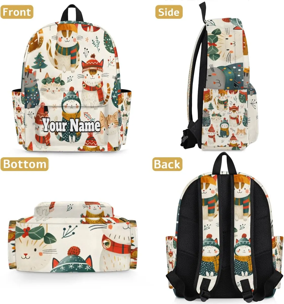 Personalized Christmas Preschool Toddler Backpack for Boys Girls Custom Kids Name Small Bookbags Kindergarten Elementary Backpack, Cute Cat